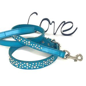 Random Crystal & Aqua Leather Collar & Leash Set, 16"-20"